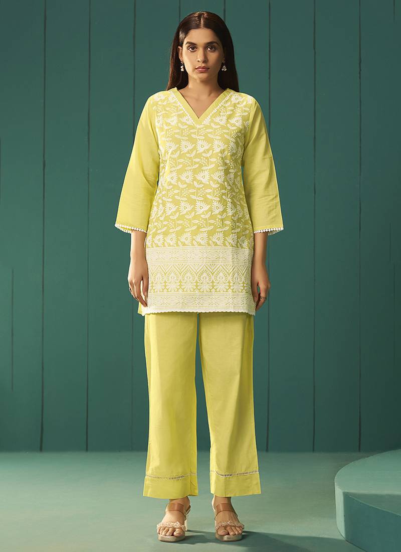 Yellow embroidered cotton co-ord set