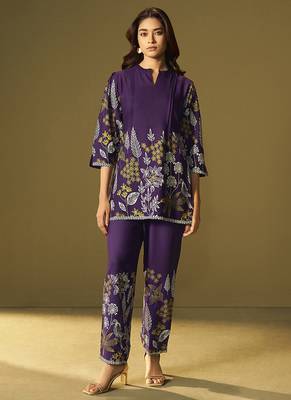 Purple embroidered rayon co-ord set 1
