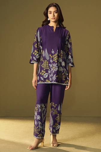 Purple embroidered rayon co-ord set