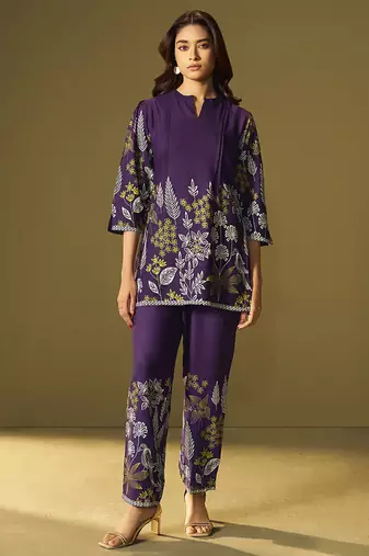Purple embroidered rayon co-ord set