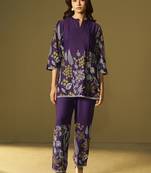 Purple embroidered rayon co-ord set