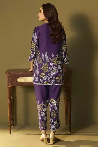 Purple embroidered rayon co-ord set