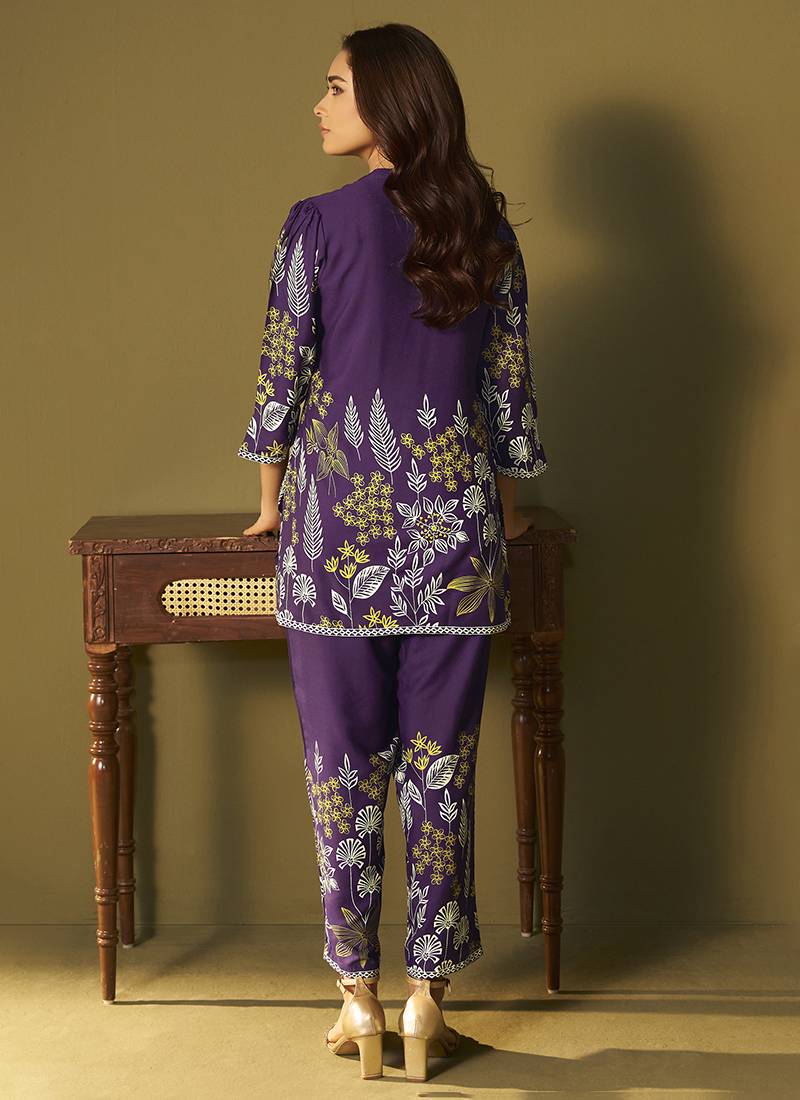 Purple embroidered rayon co-ord set