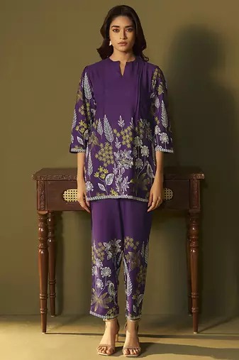 Purple embroidered rayon co-ord set
