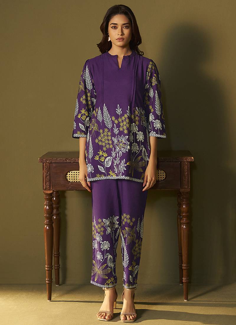 Purple embroidered rayon co-ord set