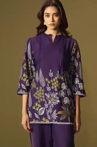 Purple embroidered rayon co-ord set