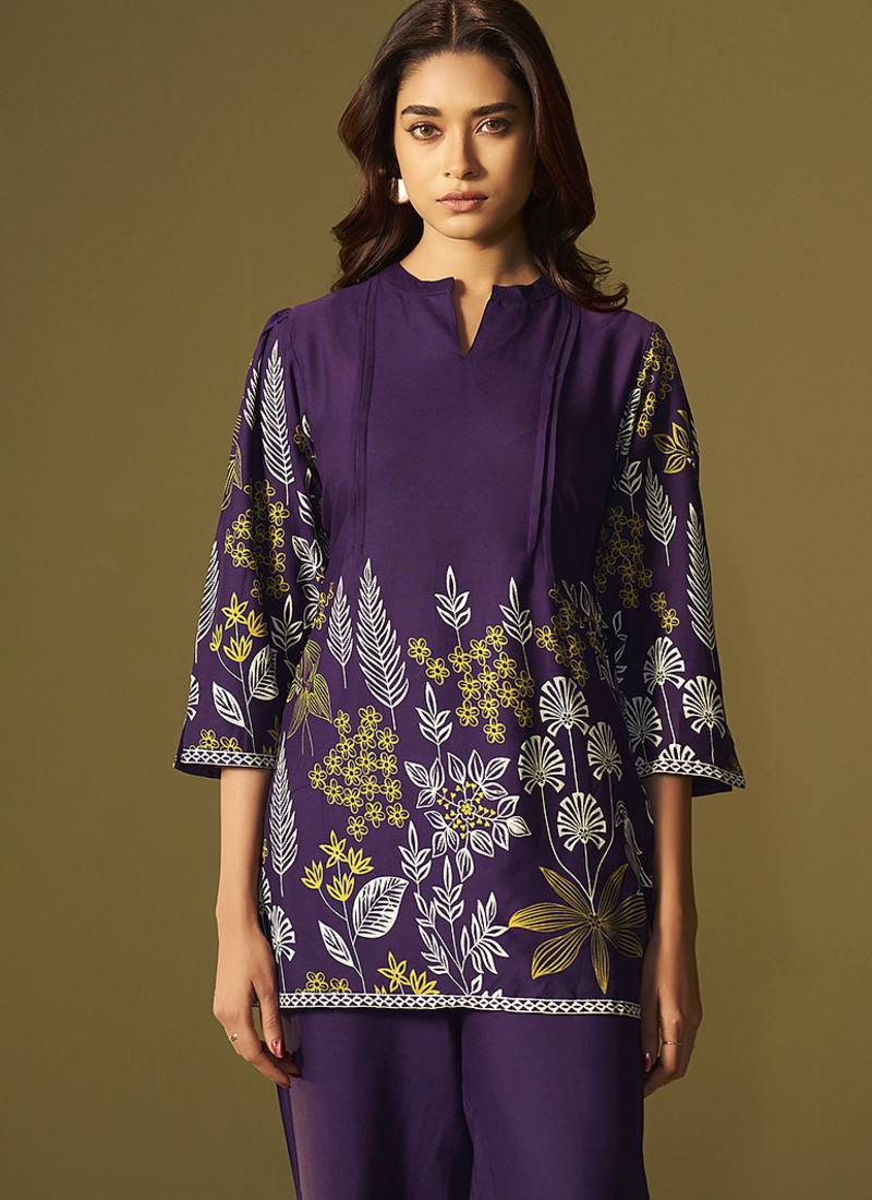 Purple embroidered rayon co-ord set