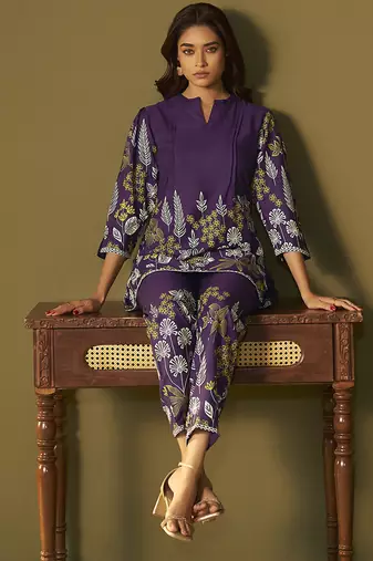 Purple embroidered rayon co-ord set