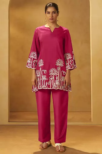 Pink embroidered cotton blend co-ord set