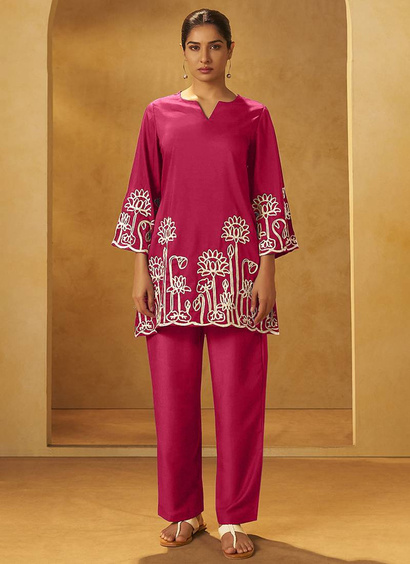 Pink embroidered cotton blend co-ord set