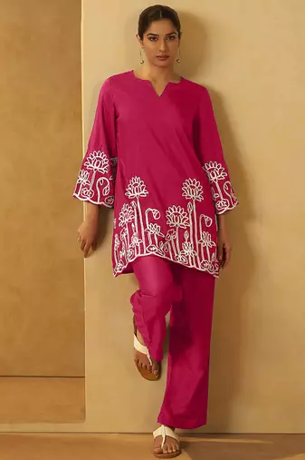 Pink embroidered cotton blend co-ord set