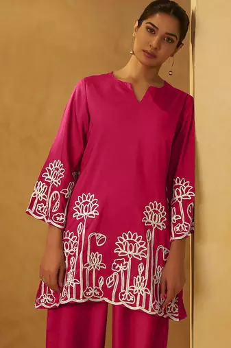 Pink embroidered cotton blend co-ord set
