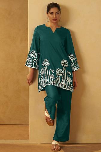Dark green embroidered cotton blend co-ord set