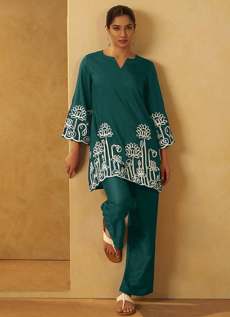 Dark green embroidered cotton blend co-ord set