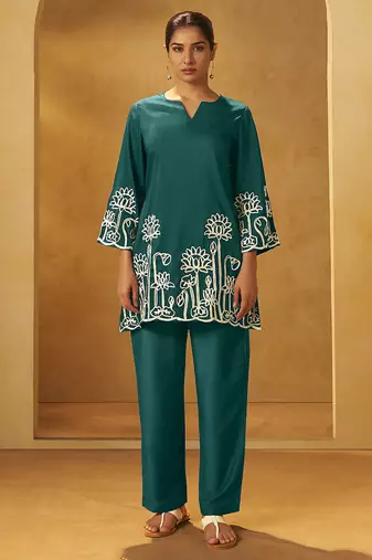 Dark green embroidered cotton blend co-ord set