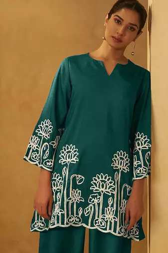 Dark green embroidered cotton blend co-ord set