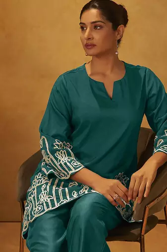 Dark green embroidered cotton blend co-ord set