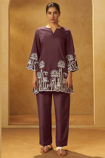 Coffee embroidered cotton blend co-ord set