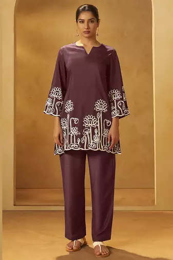 Coffee embroidered cotton blend co-ord set