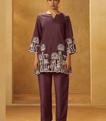 Coffee embroidered cotton blend co-ord set
