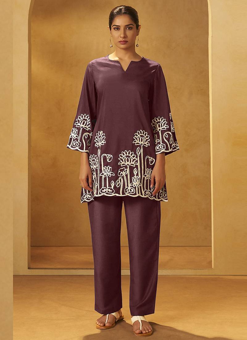 Coffee embroidered cotton blend co-ord set