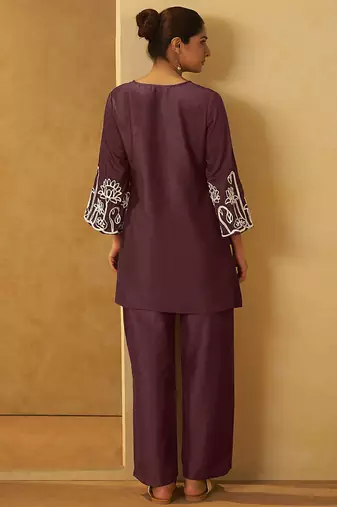 Coffee embroidered cotton blend co-ord set
