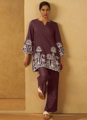 Coffee embroidered cotton blend co-ord set 3