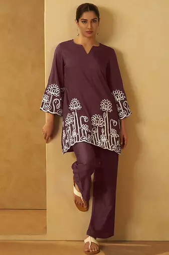 Coffee embroidered cotton blend co-ord set