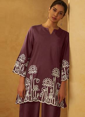 Coffee embroidered cotton blend co-ord set 4