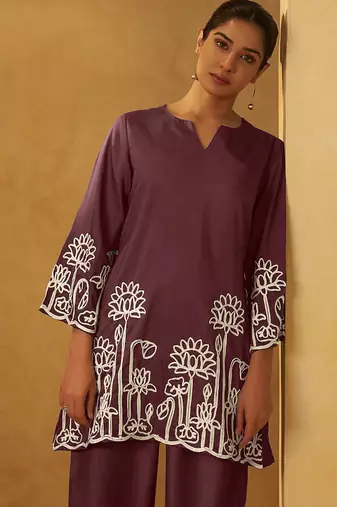 Coffee embroidered cotton blend co-ord set