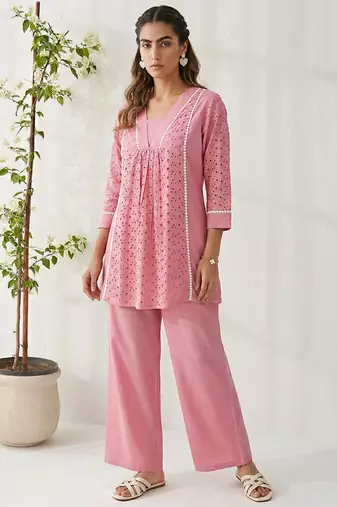 Pink embroidered cotton co-ord set
