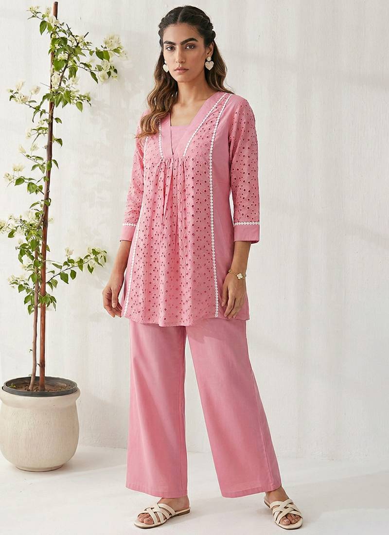 Pink embroidered cotton co-ord set