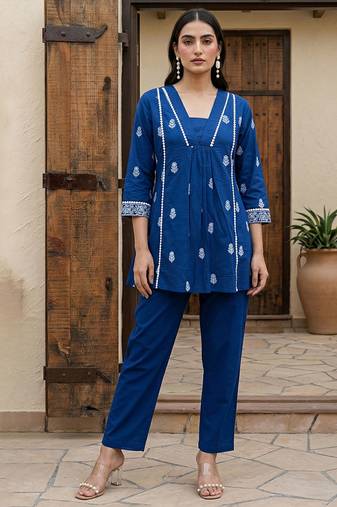 Navy blue printed cotton co-ord set