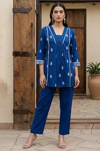 Navy blue printed cotton co-ord set