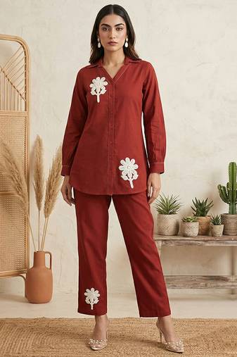 Rust embroidered cotton co-ord set