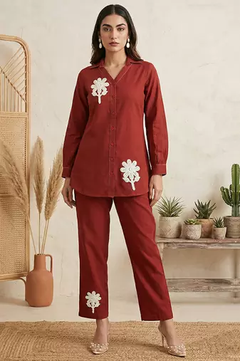 Rust embroidered cotton co-ord set