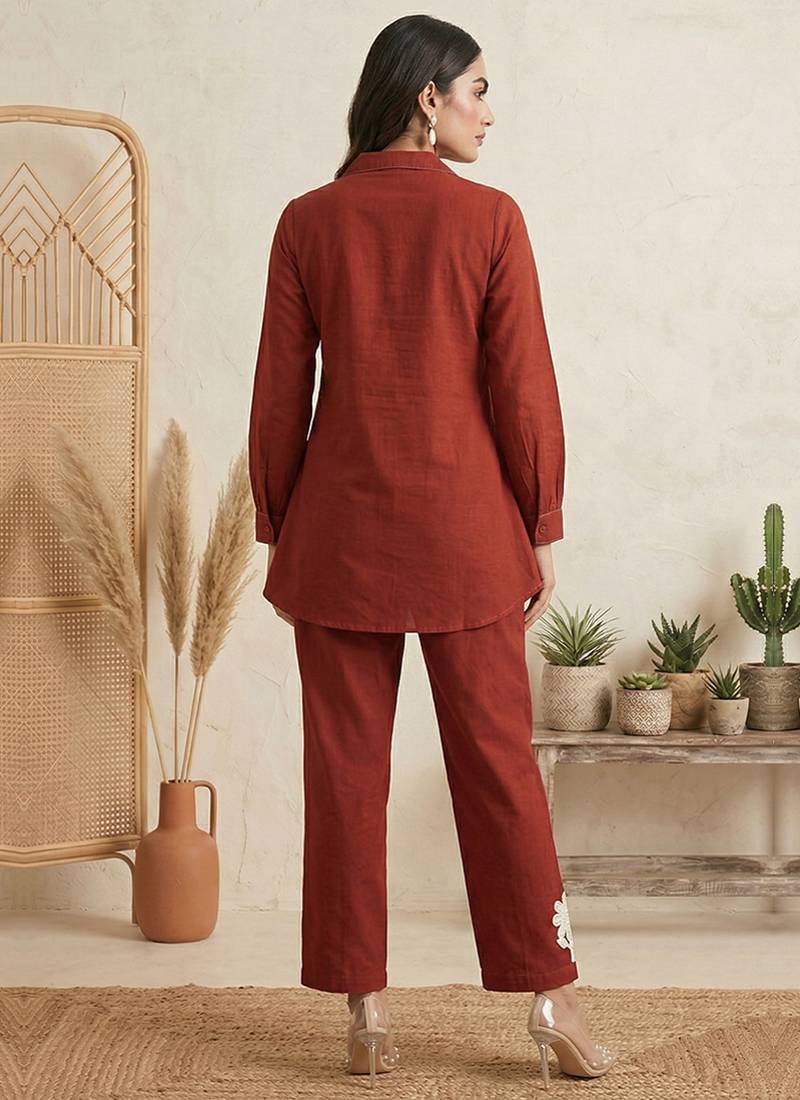 Rust embroidered cotton co-ord set