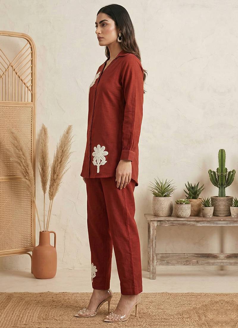 Rust embroidered cotton co-ord set