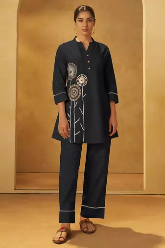 Black embroidered pure cotton co-ord set