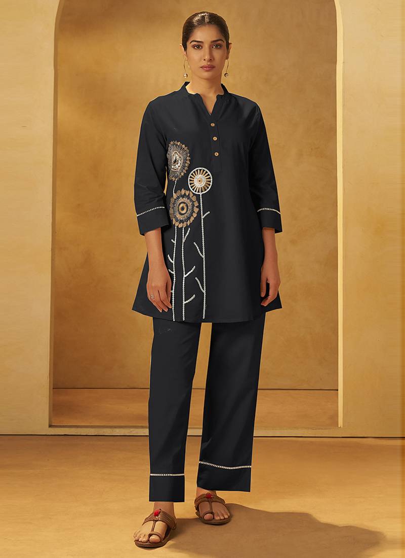Black embroidered pure cotton co-ord set