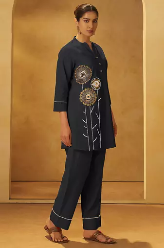 Black embroidered pure cotton co-ord set