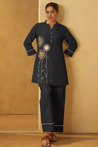Black embroidered pure cotton co-ord set