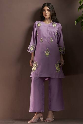 Lilac embroidered roman silk co-ord set
