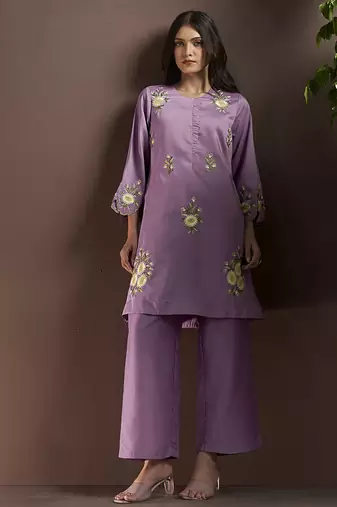 Lilac embroidered roman silk co-ord set