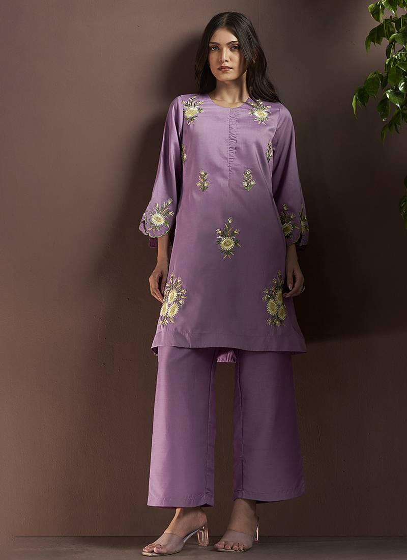 Lilac embroidered roman silk co-ord set