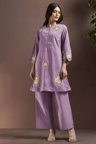Lilac embroidered roman silk co-ord set