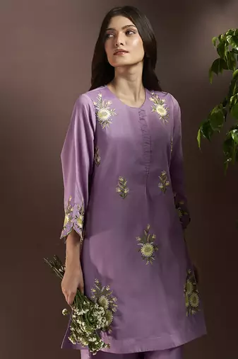 Lilac embroidered roman silk co-ord set