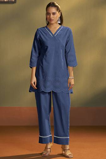 Dark blue embroidered schiffly cotton co-ord set