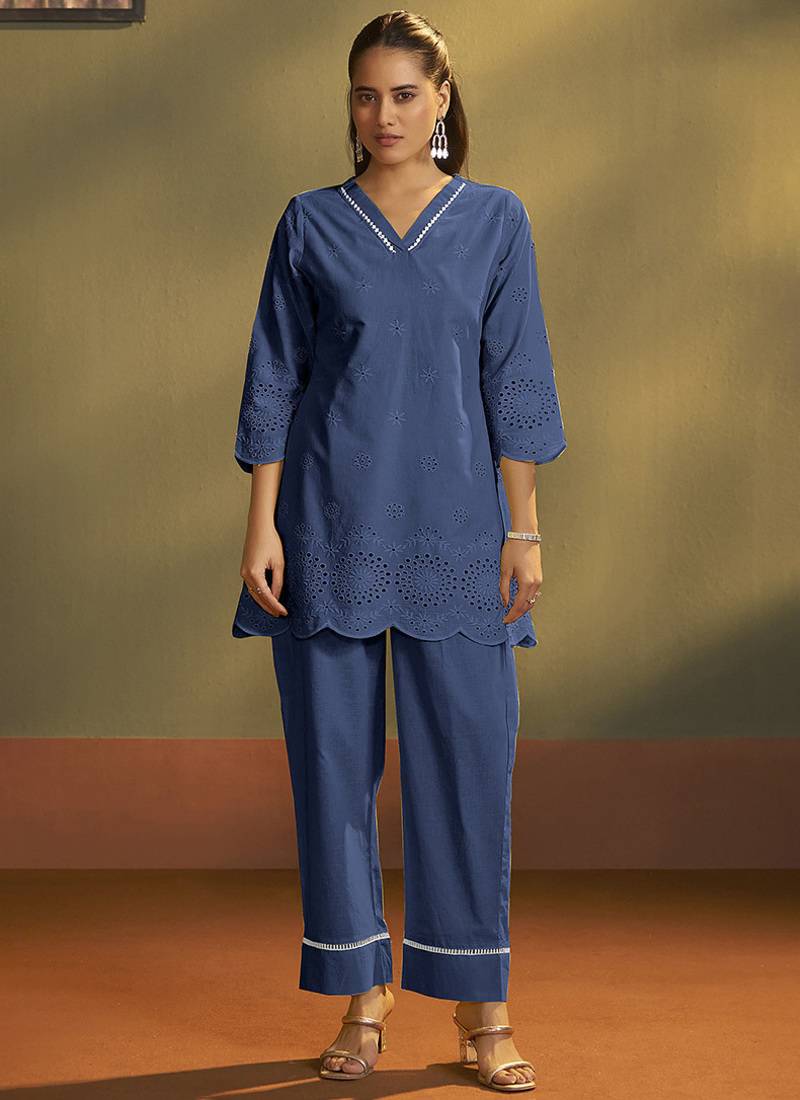 Dark blue embroidered schiffly cotton co-ord set
