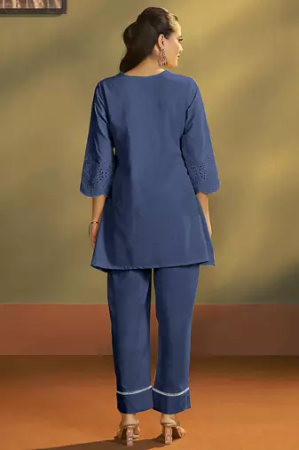 Dark blue embroidered schiffly cotton co-ord set